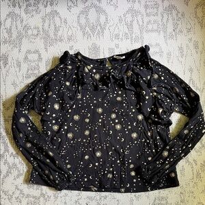 Black Long-Sleeve Star & Moon Ruffle Neck Top